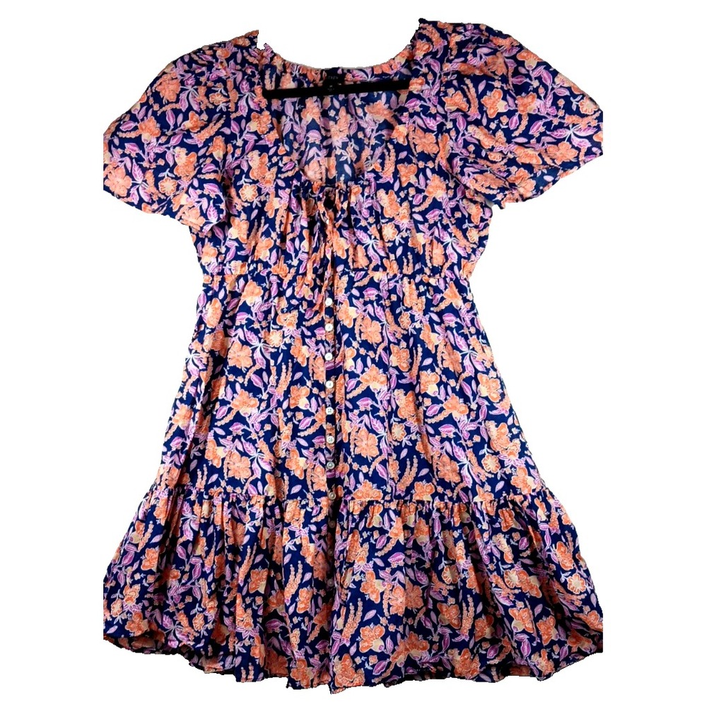 J.Crew Painted Print Dress M Button-Front Cotton Blue Orange Resort Summer Beach